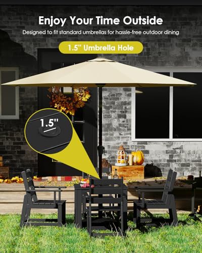 Image of GREENVINES HDPE Outdoor Dining Table w /Umbrella Hole for 4, Black
