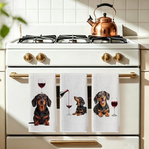 Image of 3 Pcs Wine Dachshund Kitchen Towels, Dachshund Gifts Reusable Dish Towels | Waffle Weave Absorbent Hand Towel for Kitchen Bathroom Decor, Cute Wine Weiner Dog Gifts for Women Mom Friend 24x14 Inch