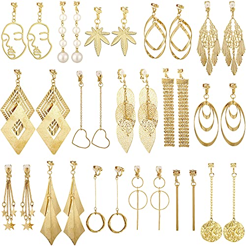16 Pairs Drop Dangle Earrings Set Bohemian Tassel Pendant Clip Earrings Gold Plated Non-Piercing for Women (Chic Style)
