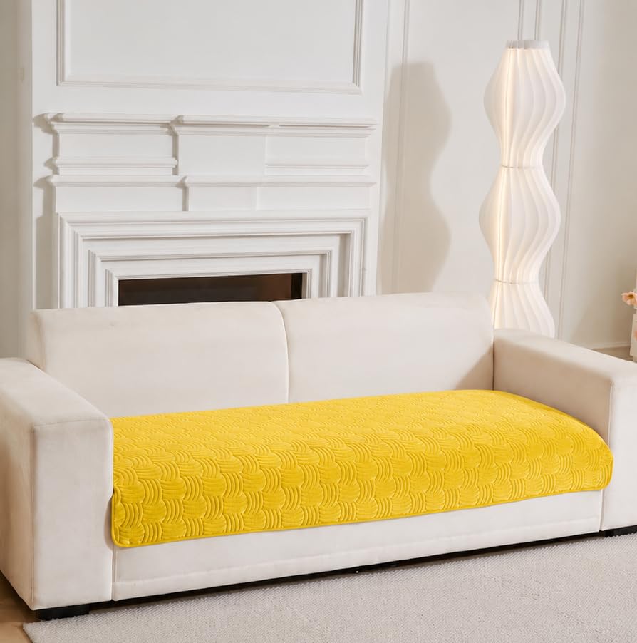 Image of HOMETHREADS Innovative Premium Velvet Sofa Cover Mat with PVC Backing for Non-Slip Comfort (C Yellow, 3 Seater | 70x180cm)