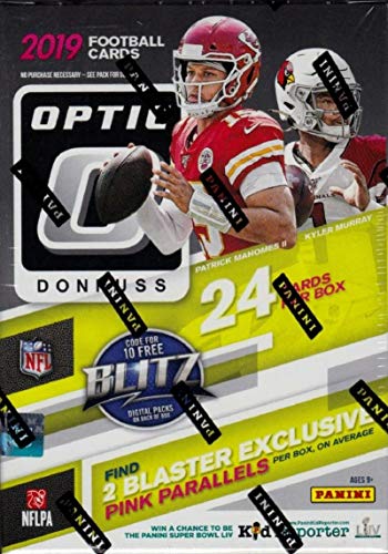 2019 Donruss Optic NFL Football Sealed Blaster Box containing 6 packs of 4 NFL cards Chase Rookie Cards of Kyler Murray, Daniel Jones, Drew Lock and Josh Jacobs. Exclusive Pink Parallel Rookies in each box