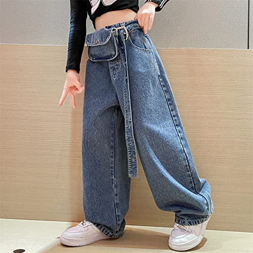 Casual Wide Leg Jeans for Little Girls Loose Pants Trousers Children Elastic High Waist Trousers + Waist Pack2
