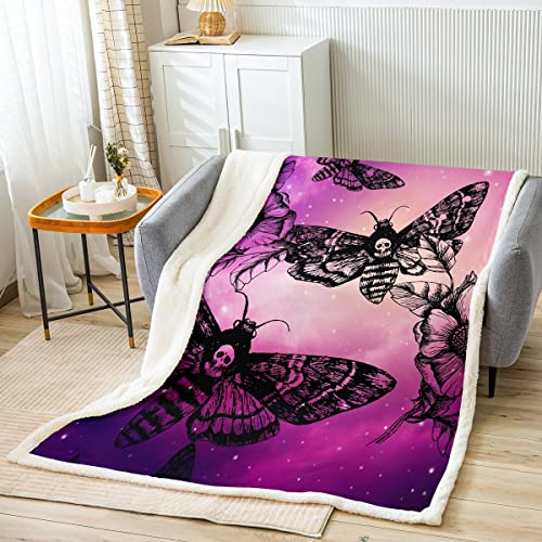Erosebridal Moth Throw Blanket for Women Gothic Sugar Skull Bed Blanket Purple Starry Sky Plush Blanket Boys Girls Sketch Flowers Blanket Exotic Style Skull Fleece Blanket, 30"x40"