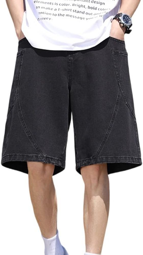 Men's Hiking Cargo Shorts Button Elastic Waist Straight Leg Loose Fit Jean Denim Shorts