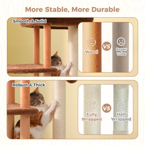 Image of 53 inch Modern Wooden Cat Tree for Large Cats with Solid Wood Posts