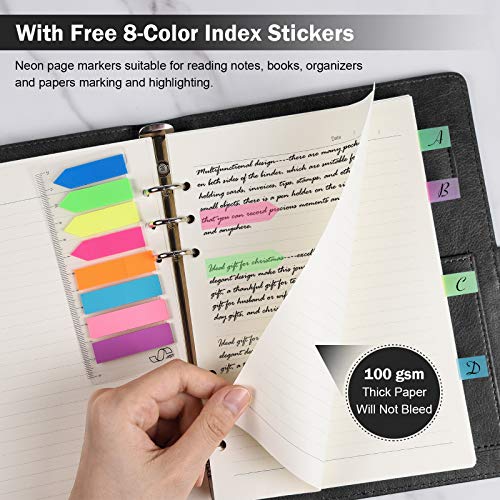 Omeya A5 Binder Journal, Refillable 6 Ring Organizer Planner Leather Business Writing Notebook, Ruled Hardcover Diary Notebook With Divider Page And Index Stickers-Black With A5 Refill Paper #TOP4