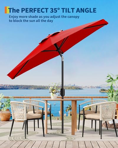 7.5FT Outdoor Patio Umbrella, Table Market Umbrella With Push Button Tilt and Crank, 6 Sturdy Ribs UV Protection Waterproof for Garden, Deck, Backyard, Pool (Red)