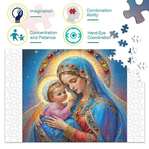 Puzzle de 1000 piezas de la Virgen María, ideal para relajarse en familia con arte religioso. 3