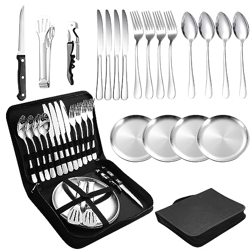 Campingbesteck Set für 4 Personen - Edelstahl Camping Geschirr Set
