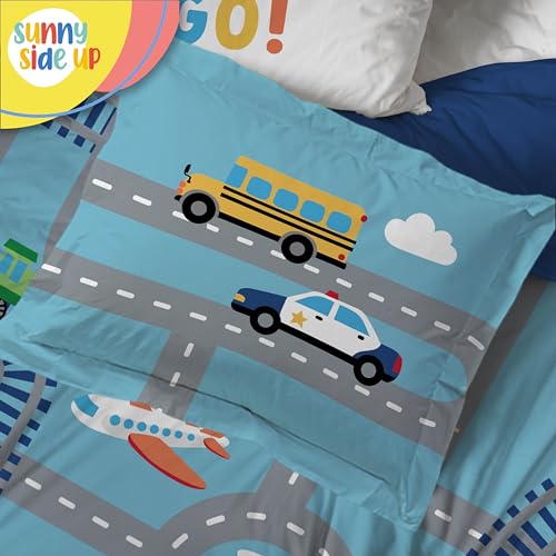 Image of Sunny Side Up On The Go Full Comforter Set - 7 Piece Kids Bedding Includes Comforter, Sheets & Pillow Cover - Super Soft Vehicles Microfiber Bed Set