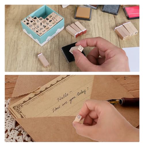 Koqye Alphabet Stamps Set - 42Pcs Wooden Letter Stamps with Ink Pad for Crafting, Decorative Rubber Stamps Kit with Storage Box DIY Card Making Supplies (Daily Stamps)