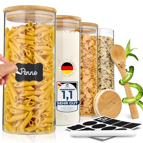 GREEN BEE`S Vorratsglas gro&szlig; - 4x1500ml Neues Modell - Passgenau f&uuml;r Schublade & Apothekerschrank - Nachhaltige Vorratsgl&auml;ser mit Deckel luftdicht - F&uuml;r Mehl, Zucker, Nudeln, M&uuml;sli & Haferflocken