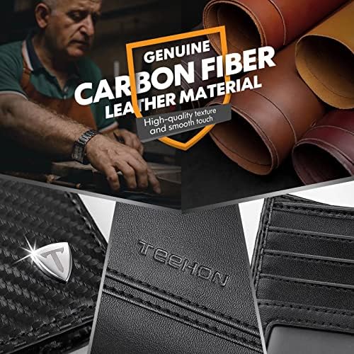 TEEHON Wallets Mens RFID Blocking Carbon Fibre Leather, Mens Wallets with 9 Credit Card Holders, 1 ID Windows, Coin Pocket, 2 Banknote Compartments, Minimalist Bifold Wallets with Gift Box- Black