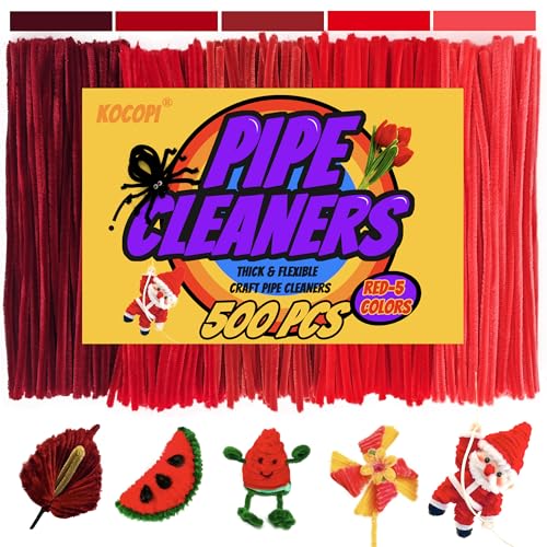 Kocopi 500 pcs Red Pipe Cleaners Bulk.Thick,Soft,Fluffy Chenille Stems Set, 5 Coloers Red Fuzzy Sticks for Crafts,Gifts,Art Supplies,Art Creative,Room Decor(6mm x 12inch)