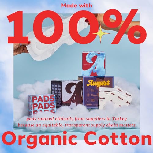 Image of August Menstrual Organic Cover Pads for Women, Super Absorbency, 16 Organic Cotton Super Pads, Compostable Wrappers, Fragrance Free, Sanitary Napkins with Wings