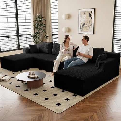 Image of 142 inch U-Shape Cloud Couch, Modern Modular Sectional U-Shape Sofa, Corduroy Boneless Couch Upholstered Couches Deep Seat Sleeper Chaise Longue for Living Room, No Assembly Required, Black
