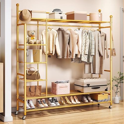 Perchero dorado resistente con ruedas con 4 ganchos y 6 estantes de almacenamiento, versátil colgador de ropa y zapatero para organización de dormitorio y sala de estar
