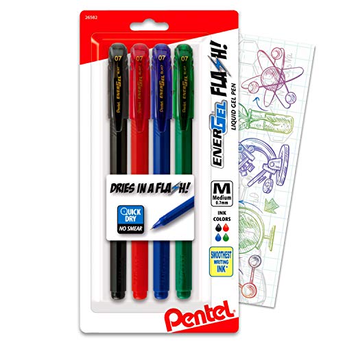 Pentel EnerGel FLASH! Liquid Gel Stick Pen, (0.7mm) Medium Line, Metal Tip, Energel Black, Red, Green, Blue Colored Ink, 4-Pack Bundle Includes Separately Licensed Colorful Fun GWW Bookmark