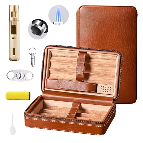 WANTHER Leather Cigar Case, Travel Humidor Holds 7 Cigars, Brown Cedar Wood Box with Cigar Cutter, Humidifier, Lighter & Towel, Portable Cigar Holder for Men, Ideal for Home, Office & Travel Gift Set
