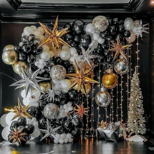 Image of PartyWoo Black and Gold Balloon Arch Kit Garland 140pcs Different Sizes of 18 12 10 5 Inch Black Metallic Gold Confetti 22 Inch Star Balloons for Graduation Birthday New Year's Eve Party Decorations