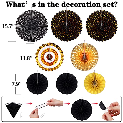 Image of Moon Boat 35PCS Party Decorations Paper Fan Hanging Set - Birthday,Graduation,Baby Shower,Wedding,Retirement,Black and Gold Decor（Black）