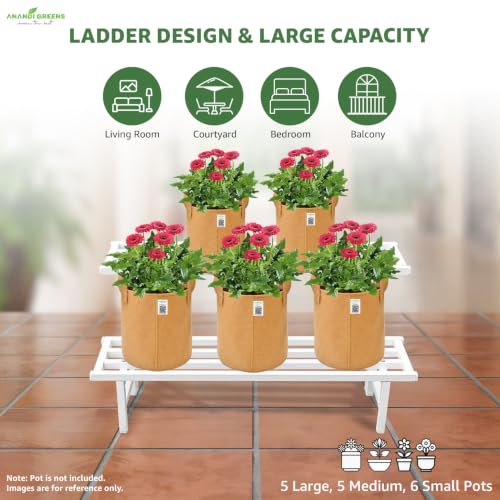 Image of Anandi Green's White Heavy Duty 2 Tier Metal Plant Stand for Grow Bags Planters and Pots Rust Resistant Plant Pot Holder Rack for Outdoor Balcony Indoor Living Room and Garden Supports Up to 100 kg