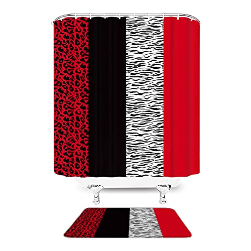 Red Black Leopard Print Shower Curtain Cheetah Print Zebra Stripe African Safari Wild Animal Skin Pattern Geometric Splicing Modern Creative Decor Fabric Bathroom Curtain With Hook #TOP2