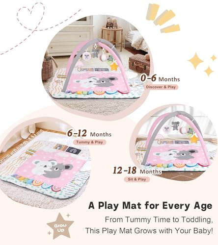 Baby Play Mat Activity Gym, 6 Developmental Zones Tummy Time Mat, 6 Detachable Sensory Toys and Educational Cards, Essential Baby Shower Set, Pink Koala