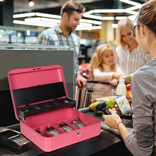 Cash Box with Money Tray and Key Lock, Parrency Large Money Box, 5 Compartments with Cover for Cions & 4 Spring-Loaded Clips for Bills, 11 4/5\" x 9 2/5\" x 3 1/2\", Pink