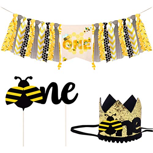 Amosfun Bumble Bee - Kit di Decorazione per Feste di Compleanno, per seggiolone, Decorazione per Torta di Compleanno, Cappello per Baby Shower, Feste per Bambini, Set da 3 Pezzi