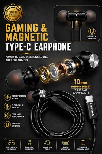 Image of Gaming Type-C Wired Earphone with Mic, 10mm Dynamic Bass Driver, Magnetic in-Ear Headphones, Low Latency Sound for Gaming, 1 Button Control, HD Calling, Voice Assistant, (Black)