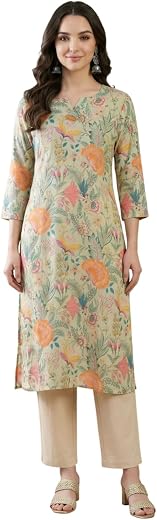 Kalaanj Women's Floral Printed Straight Fit Long Kurti |Comfortable 3/4th Sleeves Kurta | Everyday Wear Casual Kurtis