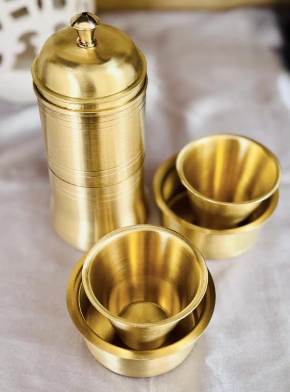 Image of Brass Coffee Filter and Dabara Set - Traditional South Indian Style | Handcrafted with Copper Finish | Authentic Filter Kaapi Experience (Gift Box)