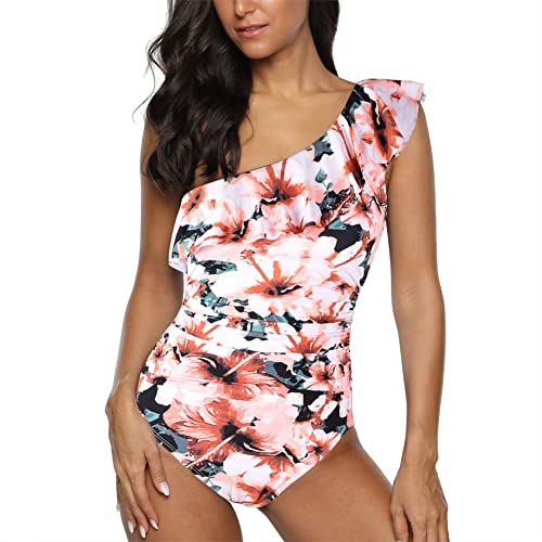 Hilor Women's One Piece Swimsuits One Shoulder Swimwear Asymmetric Ruffle Monokinis Bathing Suits Floral Pattern 12 #TOP5
