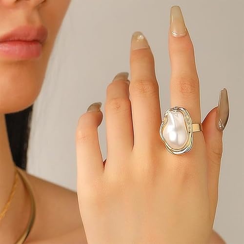 Vista 3 de Anillo de perlas grandes barroco de oro grueso para mujer, a la moda, perlas irregulares blancas vintage, anillos abiertos de dedo plateado, regalos