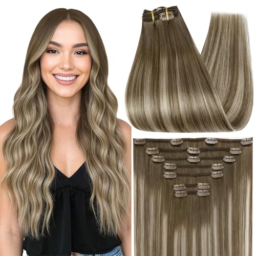 Image of Full Shine 18 Inch Clip in Extensions Remy Human Hair | Clip in Hair Extensions, Chestnut Brown Balayage to Brown With Platinum Blonde, Real Hair Clip ins, Double Weft, 7 Pcs 120g