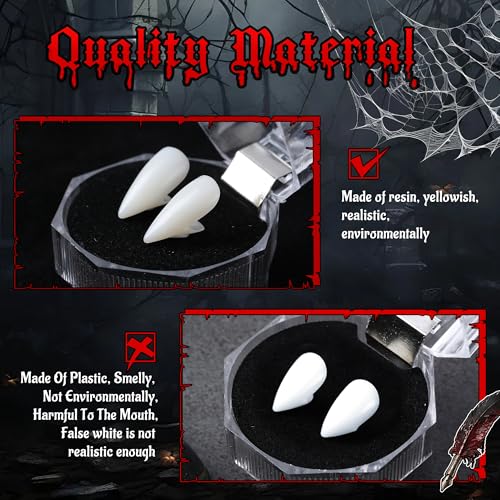 VANERIA 4 Pairs Vampire Fangs,4 Size Fangs For Cosplay Halloween with Tube Solid Adhesive,Vampire Coffin Gift Box Design,Fake Fangs Vegan/Cruelty Free3