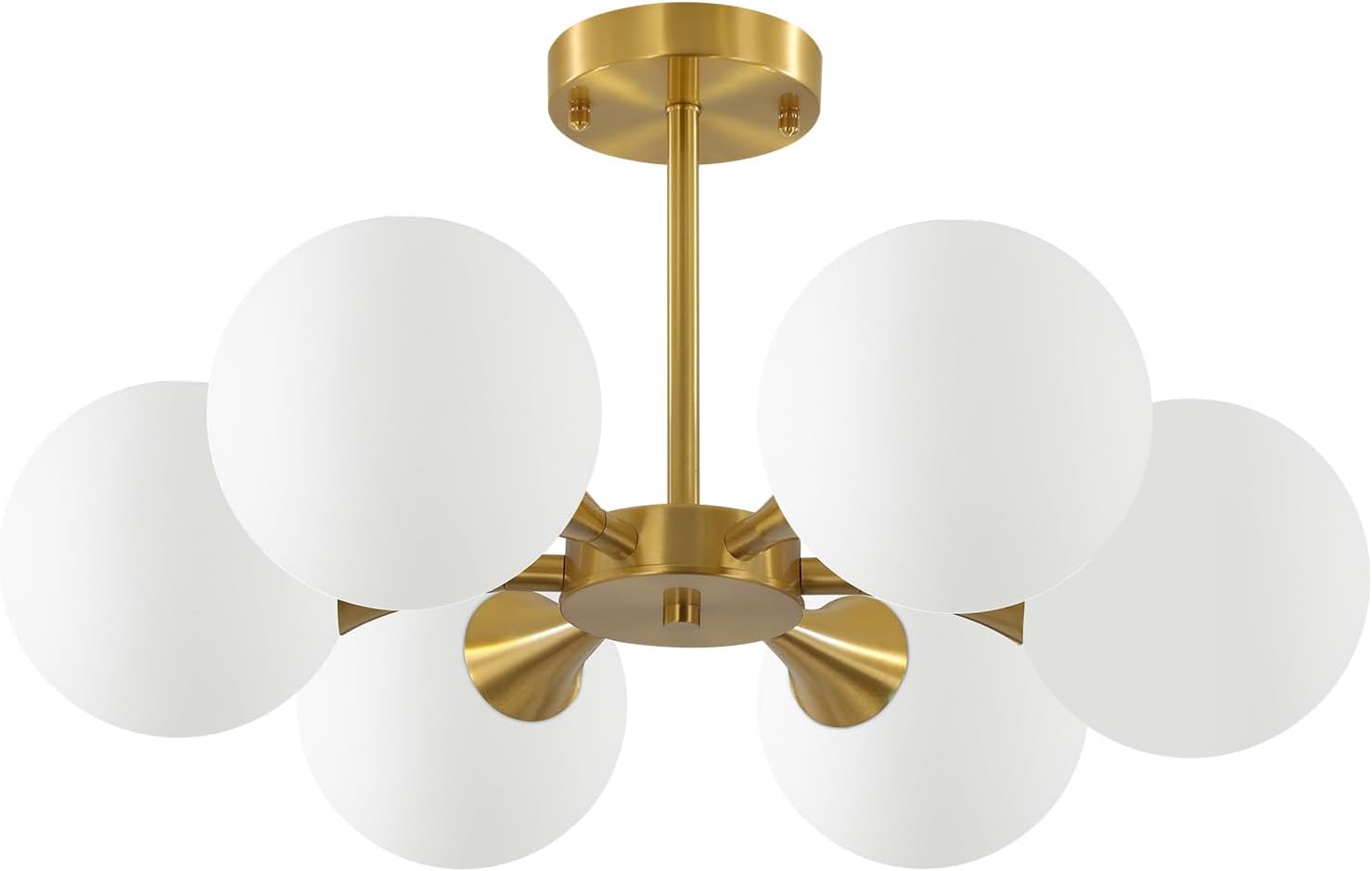 KCO Lighting Brushed Gold Sputnik Flush Mount Ceiling Light Mid Century Modern Overhead Ceiling Light 6-Lights Milk Glass Globe Semi Flush Mount Ceiling Light Fixture Gold-6 Light