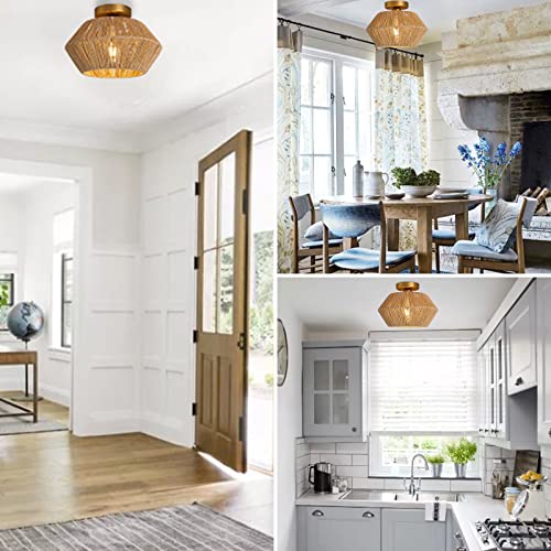 Capslpad Woven Rattan Ceiling Light Fixtures Boho Semi Flush Mount Ceiling Light Hand-Woven Cage Natural Mini Chandelier Retro Light Fixture For Bedroom Hallway Entryway Farmhouse (Antique Brass) #TOP6