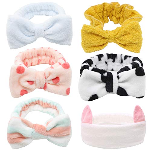 CUSVUEVI Bow Makeup Headbands, Face Wash Spa Shower Headbands for Women Elastic Cosmetic Bowknot Hair Band Turban Bow Makeup Head Wraps for Washing Face Shower Mask Soft Flannel Cosmetic Headbands