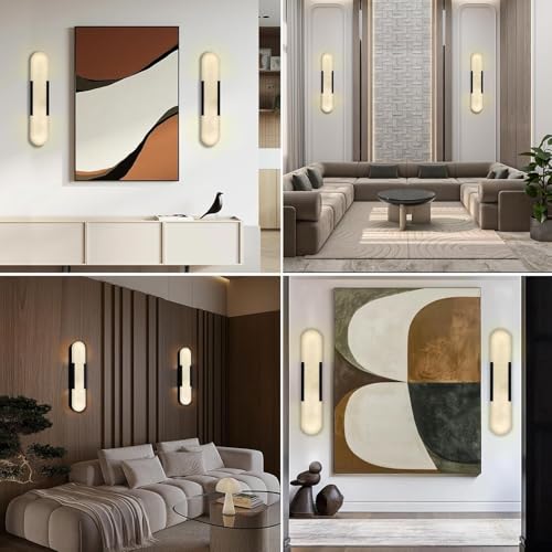 Image of Alabaster Wall Sconces Set of 2,19.7'' Brass Wall Sconce Natural Marble Wall Sconce for Bathroom, Indoor Modern Wall Light Fixtures for Living Room Hallway Stairs Vanity Bedside, Black