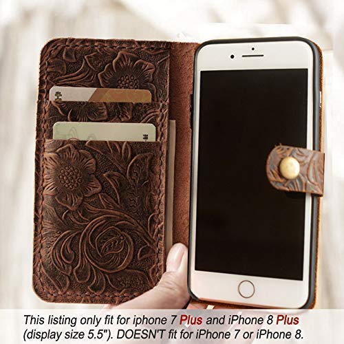 Womens Wallet Case for iPhone 14/14 Pro / 14 Pro Max / 13/12 / New SE - Handmade Genuine Leather Luxury Retro classic cover slim Wristlet Tooled Flower - 408H - Brown