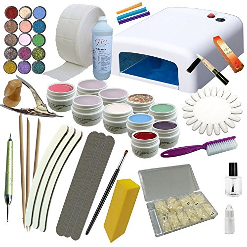 UV-Gel Starter Set XXL 01 von GS-Nails UV-Lampe 36W Gele Primer Nagelfeilen Cleaner Glitter