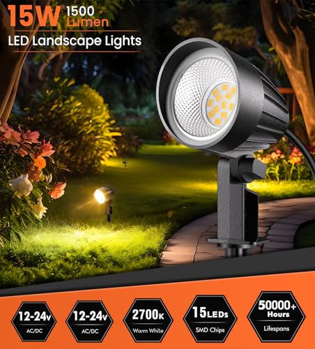 MEIKEE 15W 1500LM Low Voltage Landscape Lighting 12-24V Warm White LED Landscape Lights IP66 Waterproof Outdoor Garden Spotlights Pathway Tree Wall Fence Flood Lighting(10 Pack) by MEIKEE - Image 2