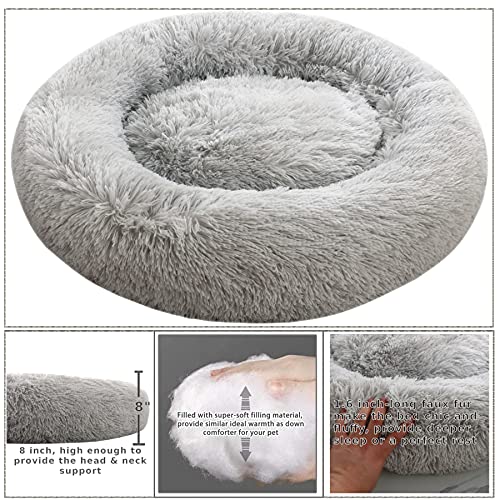 Comlax Beruhigende Donut Hundebetten XXXL, Rundes Kissen mit abnehmbarem waschbarem Bezug, Anti-Angst-Kunstfell-Kuscheltier, Flauschiges, bequemes, pelziges Haustierbett (115cm, Silber)