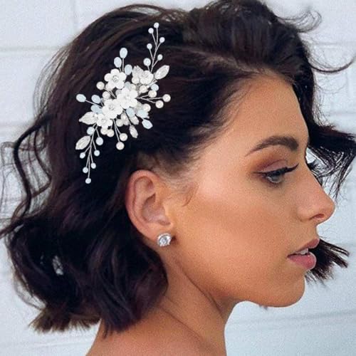 Pinza de cabello de boda con perlas y cristales plateada miniatura 6
