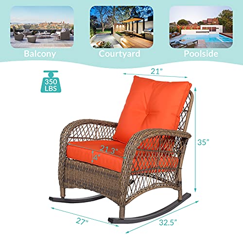 Meetwarm Outdoor Wicker Patio Rocking Chair Cushioned Rattan Rocker Chair For Porch, Deck, Poolside With Steel Frame, Weather-Resistant Orange Cushions #TOP5