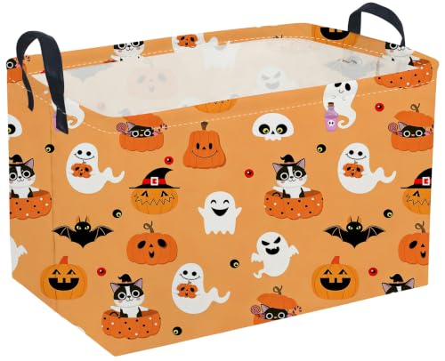 Image of Sanjiaofeng Rectangular Cat Halloween Basket Spooky Storage Bins,Gloomy Storage Basket with Handles.Clothers,Books,Party Gifts Bins.Halloween Party Baskets(Cute Cat)