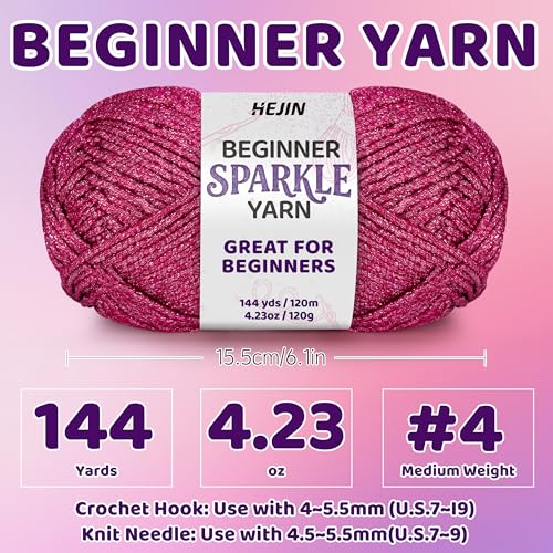 Image of 120g Metallic Pink Yarn for Crocheting and Knitting; 120m(144yds) for Beginners with Easy-to-See Stitches; Worsted-Weight Medium #4; Yarn for Beginners Crochet Kit Making