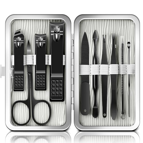 Set Manicure 10 in 1, Kit Manicure Professionale, Manicure Set Donna e Uomini, Kit Tagliaunghie Neri con Custodia da Viaggio in Pelle, Set Manicure e Pedicure per Amici, Regalo per i Genitori